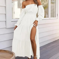 Damen Sommerkleid Schulterfrei Langarm Rüschen Midi Kleid - Weiß
