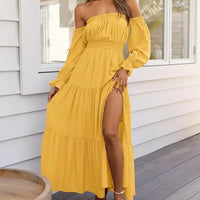 Damen Sommerkleid Schulterfrei Langarm Rüschen Midi Kleid - Gelb