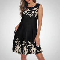 Damen Sommerkleid Kurz Ärmellos Casual Print Freizeitkleid - Schwarz
