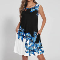 Damen Sommerkleid Kurz Ärmellos Casual Print Freizeitkleid - Schwarzblaue Blume