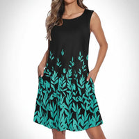 Damen Sommerkleid Kurz Ärmellos Casual Print Freizeitkleid - Schwarz Grün