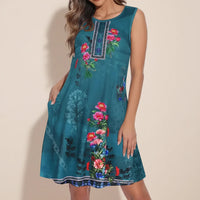 Damen Sommerkleid Kurz Ärmellos Casual Print Freizeitkleid - Blaugrün