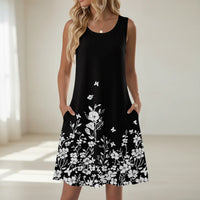 Damen Sommerkleid Kurz Blumenmuster Taschen Freizeit Kleid - Schwarzes Blumenmuster