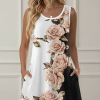 Damen Sommerkleid Kurz Blumenmuster Taschen Freizeit Kleid - Schwarz-weiße rosa Blume