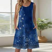 Damen Sommerkleid Kurz Blumenmuster Taschen Freizeit Kleid - Blauer Ethno
