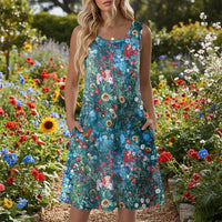 Damen Sommerkleid Kurz Blumenmuster Taschen Freizeit Kleid - Bunt