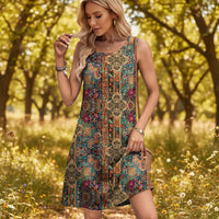 Damen Sommerkleid Kurz Blumenmuster Taschen Freizeit Kleid - Ethnischer Druck