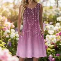 Damen Sommerkleid Kurz Blumenmuster Taschen Freizeit Kleid - Lila Druck