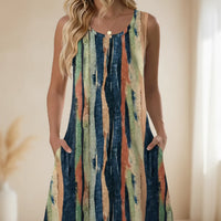 Damen Sommerkleid Kurz Blumenmuster Taschen Freizeit Kleid - Streifendruck