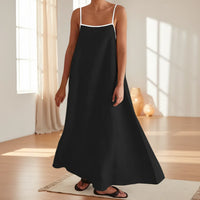 Damen Sommerkleid Spaghettiträger Lang Locker Maxikleid - Schwarz
