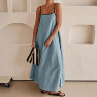 Damen Sommerkleid Spaghettiträger Lang Locker Maxikleid - Blau