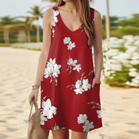 Damen Sommerkleid Kurz Locker V Ausschnitt Freizeit Kleid - Rot