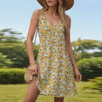 Damen Sommerkleid Kurz Locker V Ausschnitt Freizeit Kleid - Gelb