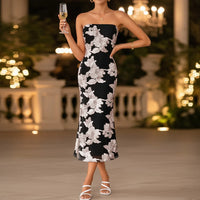 Damen Sommerkleid Trägerlos Lang Schmal Maxikleid - Schwarz Weiß