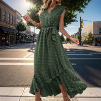 Damen Sommerkleid Wickel V-Ausschnitt Rüschenärmel Midi Kleid - Armeegrün