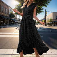 Damen Sommerkleid Wickel V-Ausschnitt Rüschenärmel Midi Kleid - Schwarz