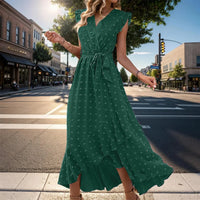 Damen Sommerkleid Wickel V-Ausschnitt Rüschenärmel Midi Kleid - Grün