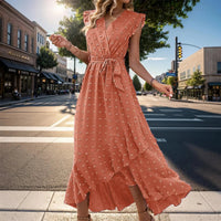 Damen Sommerkleid Wickel V-Ausschnitt Rüschenärmel Midi Kleid - Orange