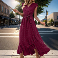 Damen Sommerkleid Wickel V-Ausschnitt Rüschenärmel Midi Kleid - Rot