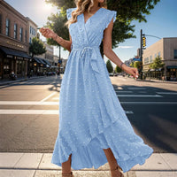 Damen Sommerkleid Wickel V-Ausschnitt Rüschenärmel Midi Kleid - Himmelblau