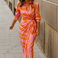 Damen Sommerkleid Wickelkragen Lässiges Fließendes Kleid - Orange