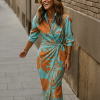 Damen Sommerkleid Wickelkragen Lässiges Fließendes Kleid - Hellblau