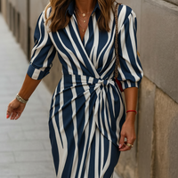 Damen Sommerkleid Wickelkragen Lässiges Fließendes Kleid - Dunkelblau Weiß