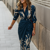 Damen Sommerkleid Wickelkragen Lässiges Fließendes Kleid - Dunkelblau