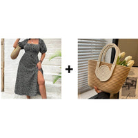 Sommerkleid Damen Kurzarm Floral Freizeit Urlaub - Schwarz + Woven bag