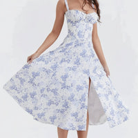 Damen Sommerkleid Lang Elegantes Bequemes Kleid Sommer - Blau Blumen