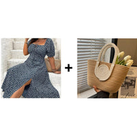 Sommerkleid Damen Kurzarm Floral Freizeit Urlaub - Dunkelblau + Woven bag