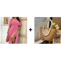 Sommerkleid Damen Kurzarm Floral Freizeit Urlaub - Rose + Woven bag