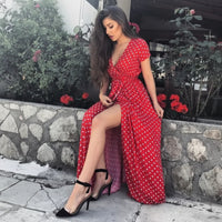Damen Sommerkleid V-Ausschnitt Kurzarm Schlitz Design Kleid - Rot