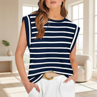 Damen Kurzarm Top Locker Sommer Freizeit Oberteil - Marineblauer Streifen