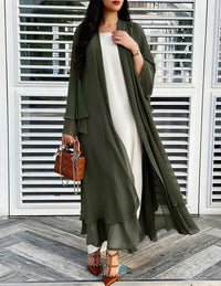 Damen Longline-Cardigan mit Rüschensaum und langen Ärmeln - Olivgrün