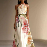 Liora | Damen Florales Neckholder Maxikleid – Floral Halter Maxi Kleid - White