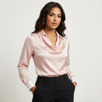 Damen Satinbluse mit Drapiertem Kragen - Rosa