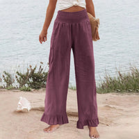 Hose Alva™ aus Leinen-Baumwoll-Mix mit hohem Smokbund und Volantsaum - Bordeauxrot