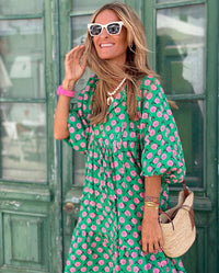 Maila | Bohemian Maxikleid - Grün/Rosa