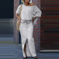 Capri Bleu™ Set mit Asymmetrischem Oberteil und Leichtem Jeansrock - Weiß