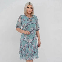 Évelyne™-Kleid mit Zartem Blumenmuster und 3/4-Ärmeln - Grün