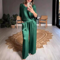 Marevielle™ Set Aus Satinartigem Stoff Mit Lockerer Bluse und Fließender Pantalonhose - Grün