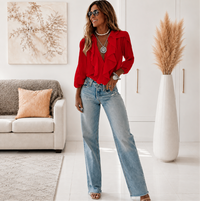 Greta | Elegante V-Ausschnitt Bluse mit langen Ärmeln & Rüschen - Rot