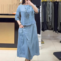 Bellarive™ Set Aus Baumwoll-Leinen Mit Weiter Bluse und Wickelrock - Blau