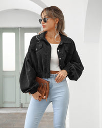 Sofia | Damen Cropped Jacke mit Taschen und Knöpfen - Schwarz