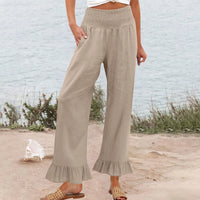 Hose Alva™ aus Leinen-Baumwoll-Mix mit hohem Smokbund und Volantsaum - Beige