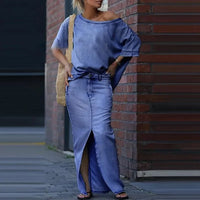 Capri Bleu™ Set mit Asymmetrischem Oberteil und Leichtem Jeansrock - Blau