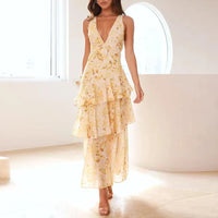 Xavryna | Damen Florales Gestuft Maxikleid Tiefer V-Ausschnitt – Gestuft Floral Maxi - Hellgelb