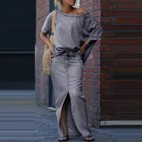 Capri Bleu™ Set mit Asymmetrischem Oberteil und Leichtem Jeansrock - Grau