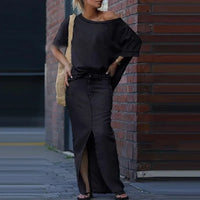 Capri Bleu™ Set mit Asymmetrischem Oberteil und Leichtem Jeansrock - Schwarz
